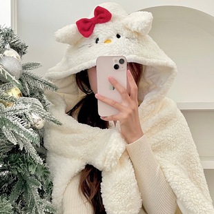 Cute cartoon kitten shawl 2024 new autumn and winter thickened warm blanket with hat velvet blanket nap blanket cape