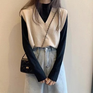 Lazy Style Overlap Casual Vest Vest Women's Autumn and Winter New V-neck Simple All-match Solid Color Sweater