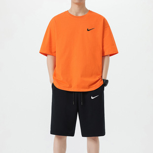 Cross-border Men's 2024 Summer New Shoulder Sleeve Cotton T-shirt Men's Loose Trendy Brand Solid Color Sports Short T-suit