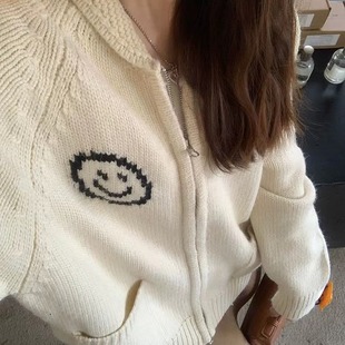 Yb in stock ~ niche brand ooowl fun smiling face knitted lapel double zipper sweater coat couple coat