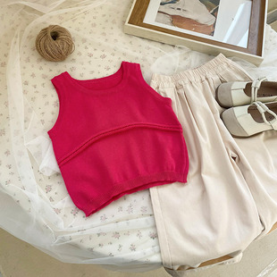 Girls' Suit 2024 Summer Korean Style Western Style Knitted Vest Fashionable Children's Casual Sleeveless Top L55077