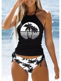 Cross-border Hot Selling Tankini Swimsuit Women's Coconut Tree Printed Drawstring Abdominal Control Swimsuit Amazon Split Swimsuit