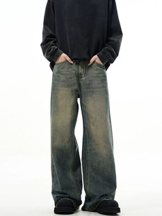 11KN American Style Retro Blue Straight-Leg Jeans for Men and Women cleanfit Loose Casual Slim Look Simple Trendy Pants