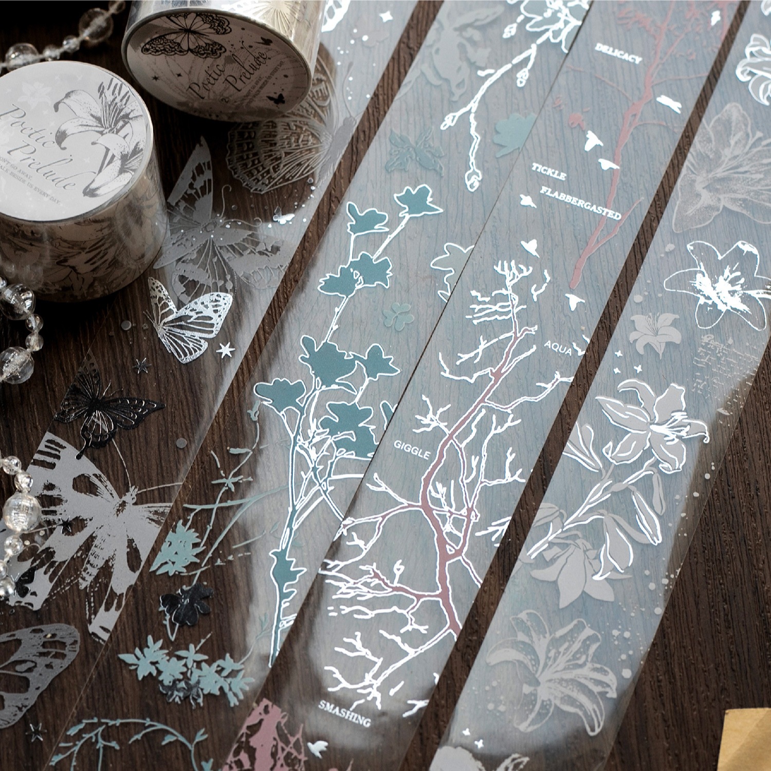Yanji Tape - Poetic Overture Series - Silver Foil Plant Theme DIY Journal Decoration Reusable Stickers 4 Designs