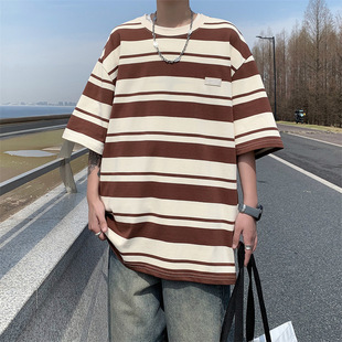 Striped Short-sleeved Summer New Loose Men's T-shirt Contrast Color Trendy Base Shirt Couple's Round Neck Casual T-shirt