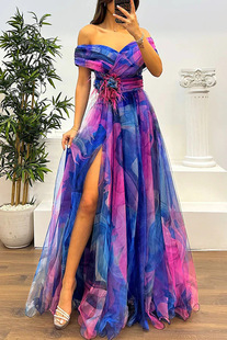 2025 Fashion Large Swing Tulle Flower Gradient Color Printing Pleated Slit Long Dress European and American Cross-border Dress dress