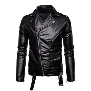 Foreign Trade Men's Leather Jacket 2024 New Men's PU Leather Jacket for Teenagers with Vertical Collar Slim-fit Zipper Leather Jacket
