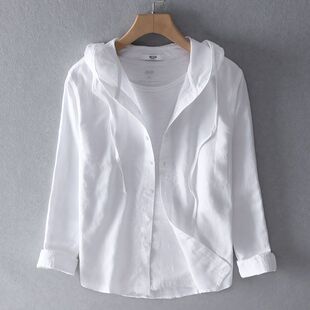 Spring and Summer New Men's and Women's Loose Youth Fashion Cotton and Linen Sunscreen Shirt Hooded Long Sleeve Solid Color Linen Shirt Trendy