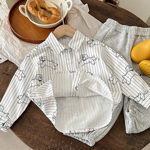 Children's Shirt 2025 Cloth Sugar Spring New Boys and Girls Cartoon Puppy Full Print Striped Casual Long Sleeve Shirt