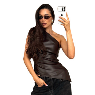 Y24TP426 European and American Women's Autumn Amazon New Solid Color Sleeveless Shoulder Oblique Collar Zipper T-shirt Top for Women