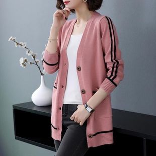 Autumn 2022 New Large Size Women's Mid-length Cardigan Long-sleeved Loose Large Size Color-matching Knitted Jacket Trendy Coat