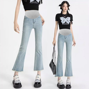 9217F# Pregnant Women Summer Thin High Elastic Flared Pants Wear Casual Korean Simple Ankle-length Pants Jeans