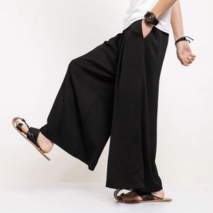 Chinese-style Wide-leg Pants Men's Loose Straight All-match Thin Casual Trumpet Nine-point Harlan Culottes Chinese Style Cloud Pants