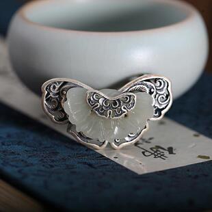 Butterfly Xiangyun Brooch s925 Sterling Silver Set with Hotan Jade Corsage Pin National Style Hanfu Cheongsam Accessories Pendant