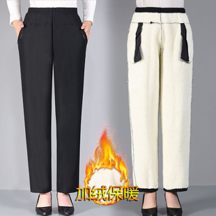 Middle-aged and elderly women's pants autumn and winter fleece-lined thickened outer wear warm cotton pants mom pants elderly high waist straight grandma trousers