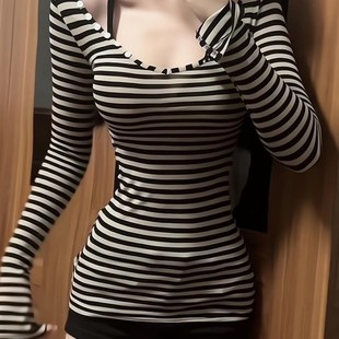 plus size chubby girl American Style Retro Striped Shoulder T-Shirt Women's Spring and Autumn Pure Desire Spice Girls Slim-fit Slimming Long-sleeved Top