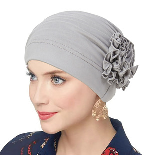 AliExpress новый сплошной цвет эластичные цветочные шапки боковые цветы женские пуловерные шапки мусульманские шапки
