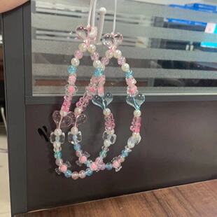 Wooden flower mobile phone chain short pink flower pendant niche ins chain mobile phone rope female smiley face bracelet flower