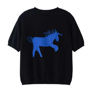 ES Crewneck Pegasus Jacquard Knitted T-shirt Women's Wool Loose Casual Short-sleeved Pullover Thin E246A0012