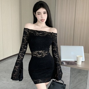 5968 nightclub off-shoulder sexy long sleeve dress lace hollow design horn sleeve hip skirt
