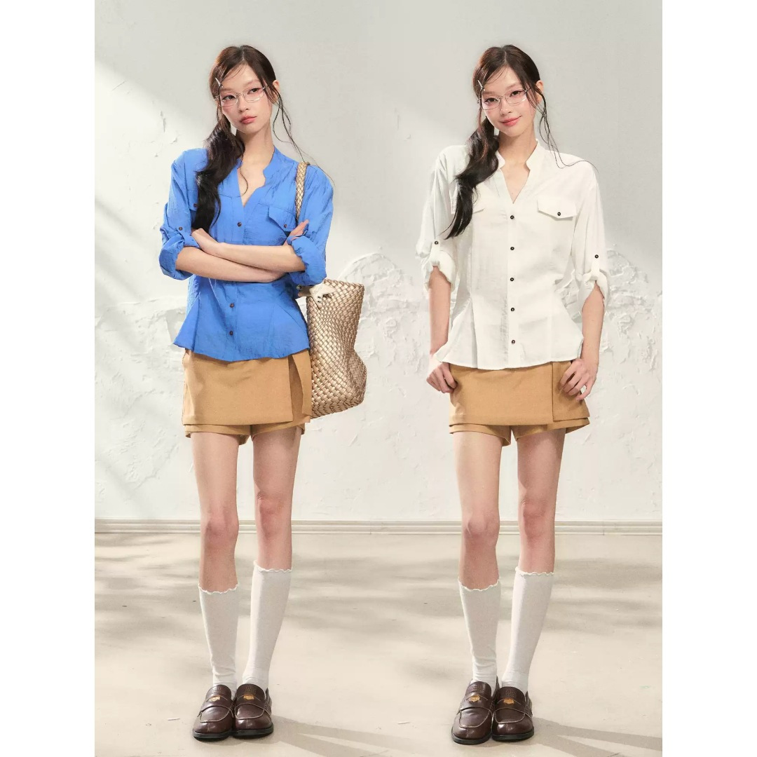 ELEVE SLEEP Autumn Lightweight Shirt Jacket for Women, V-neck Long Sleeve Short Sleeve Cardigan, Korean Style Versatile Waist-Cinching
