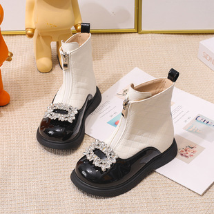 Girl's Boots Fragrant Style Winter Shoes Children's Martin Boots Soft Bottom Leather Boots 2023 Autumn and Winter fleece-lined Little Girl's Single Boots