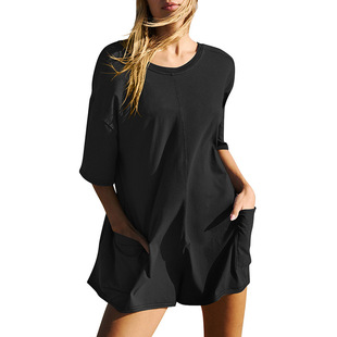 European and American Clothing 2024 Summer New Amazon Women's Short-Sleeved Backless V Neck Loose Casual Flap Pocket Pants Jumpsuit