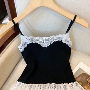 Real Shot Spring New Pure Spice Girl Lace Strap Pleated Shoulder Slim-fit Two-piece Knit Sweater Set