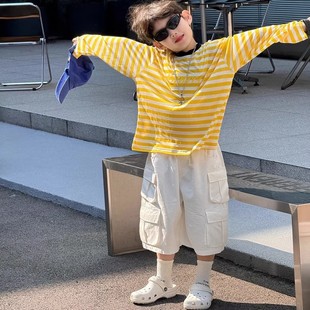 Boys' Korean Striped Lightweight Sun-protective Clothing 2025 Summer New Breathable Loose Long-sleeved T-shirt Top for Big Kids