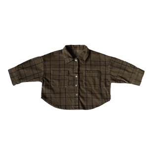 GL-kids spring new boys and girls corduroy plaid long-sleeved shirt children retro style casual top Korean
