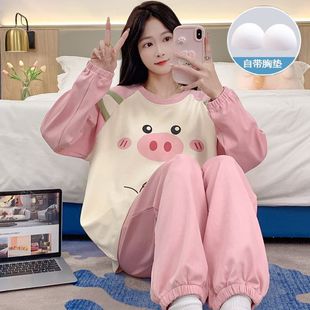 2025 Korean Style New Spring Imitation Cotton Pajamas with Chest Pad Women's Cartoon Ins Style Long Sleeve Cardigan Lapel Home Clothes