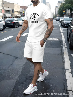 2025 Cross-border Foreign Trade New 1631 New York Letter Printing Men's Casual Loose Fashion Breathable T-shirt suit