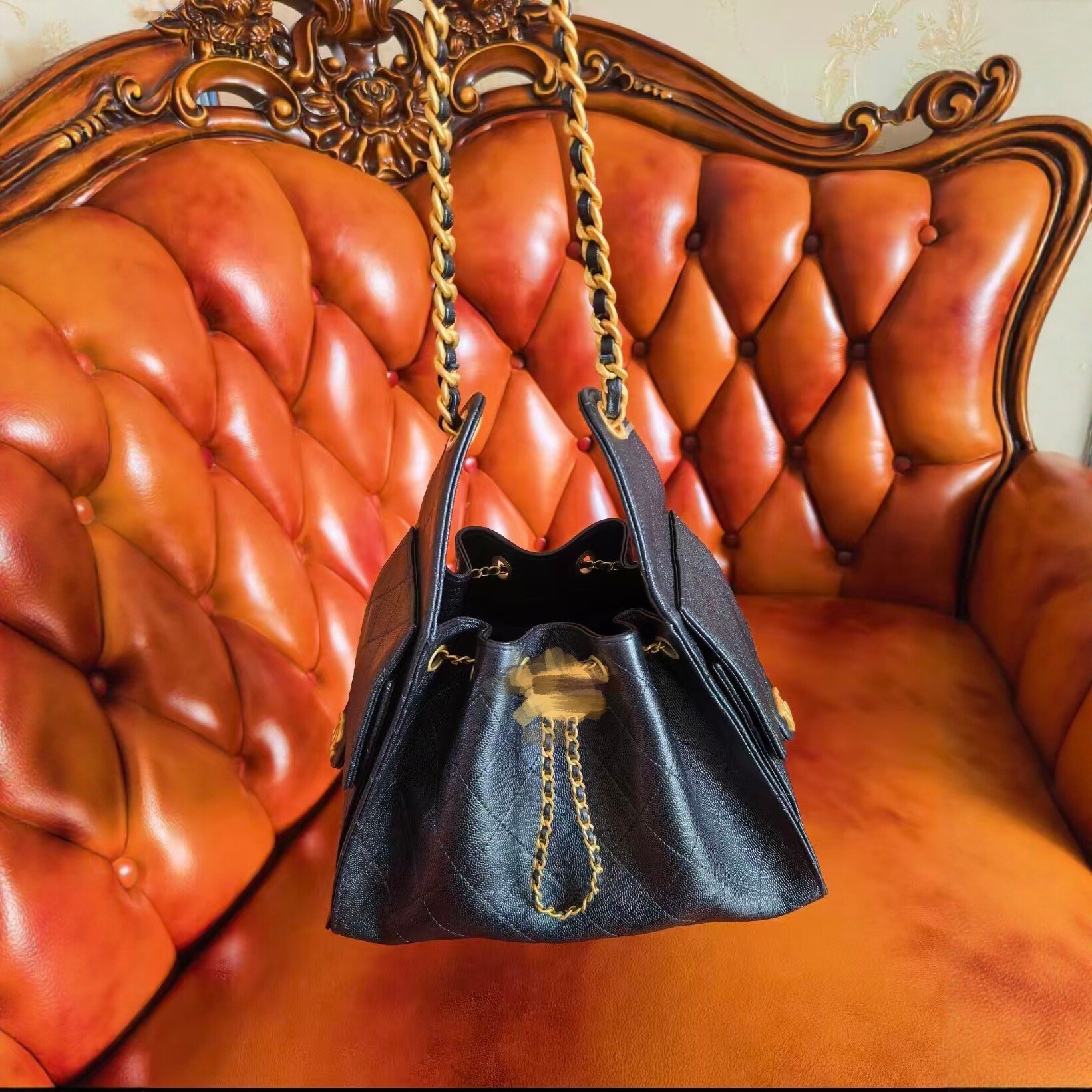 25bag Chanel-style quilted chain bucket bag, genuine leather shoulder bag, underarm bag, high-end fashion drawstring tote bag, 25c bag