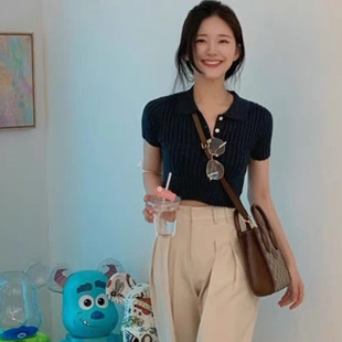 Zhao Lusi Same Style Tibetan Blue Polo Collar Knitted Short-sleeved T-shirt Women's Slim-fit Slimming Solid Color Short High-waisted Top