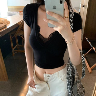 Pure Sweet Spice Girl Sexy Lace Stitching V-neck Chest Shirt Short-sleeved T-shirt Women's Summer Slim-fit Slimming Design Sense Top