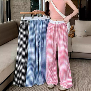 Pink Pair Girl's Drawstring Wide Leg Pants Women's 2025 Spring New Arrival Staggered Waist Contrast Color Slimming Casual Straight Pants