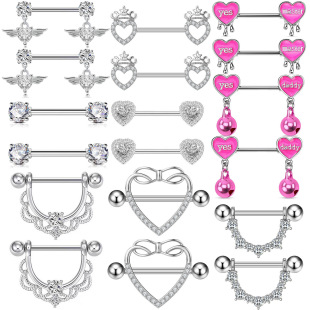 Europe and the United States cross-border sexy hot girl shiny breast ring love inlaid zircon stainless steel straight rod piercing jewelry breast ring nail