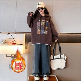Girls' fleece-lined Sweat Autumn and Winter 2024 New Medium and Large Children's Wear One-piece Cashmere Thickened Hooded Pullover Top Winter Wear