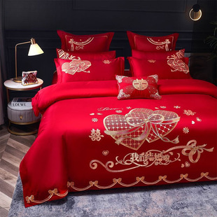 Yalu 100 cotton high-end four-piece wedding new wedding sheets dragon and phoenix embroidery red quilt bedding
