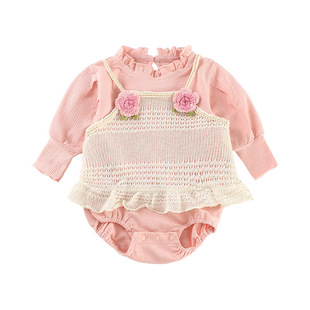 Baby's Wrap Clothes Spring and Autumn Girls' Clothes Two-piece Set Three-dimensional Small Flower Baby's All-in-one Clothes