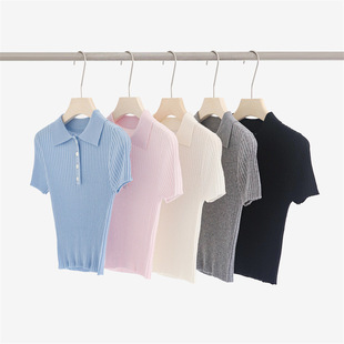 Spring and Summer 33 wool blended POLO collar short-sleeved sweater women's waist slimming top short A6803