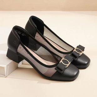Breathable Hollow Mesh Single-layer Shoes Women's 2024 Summer New Arrival Bow Round Head Elegant Shallow Mouth Chick Heeled Fashion Women's Shoes