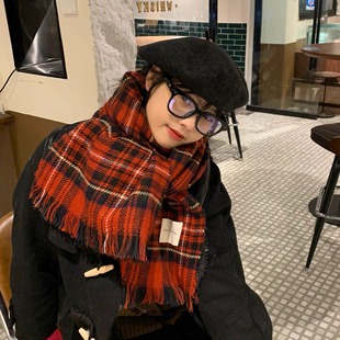 Holiday atmosphere/red plaid vintage scarf female Korean style white match ins scarf warm student couple shawl