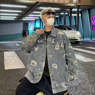 Washed Denim Jacket Men's Spring and Autumn Fashionable Jacquard Lapel Top Loose All-match Casual Work Jacket