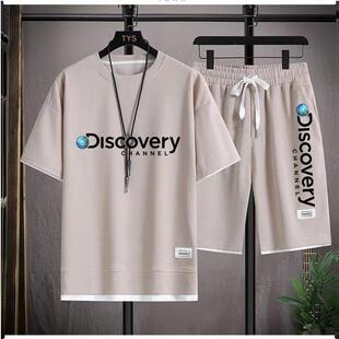 New men's outdoor waffle fake two-piece loose five-point pants suit couples plus size trendy T-shirt in stock