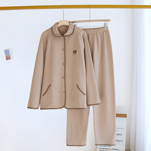 New Spring Summer Autumn Couple Pajamas Knitted Pure Cotton Waffle Japanese Solid Color Cute Bear Home Suit