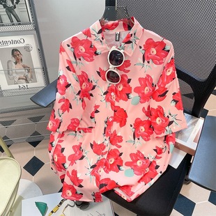 Men's and Women's Loose Trendy Brand Niche Floral Distinctive Street Trendy Short-sleeved Shirt Men's and Women's Couple's Trendy Summer Thin Top