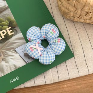 Cute Floral Plaid Flower Sponge Hair Ring Girls' Ball Head Large Bowel Ring Hair Rope Cotton Pillow Hair Accessories Headdress