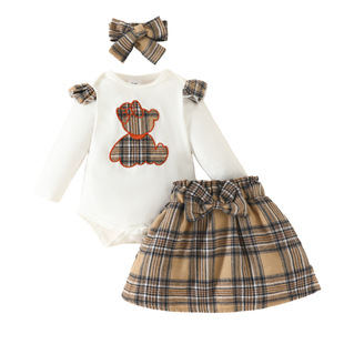 Cross-border Girl's Plaid Dress Long-sleeved Harper Suit Newborn Cartoon Bear Top Bow Plaid Skirt