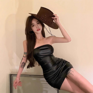 Black PU Leather Tube-top Hip dress Women's 2022 Summer New French Niche Western Style Hot Girl High Waist Skirt